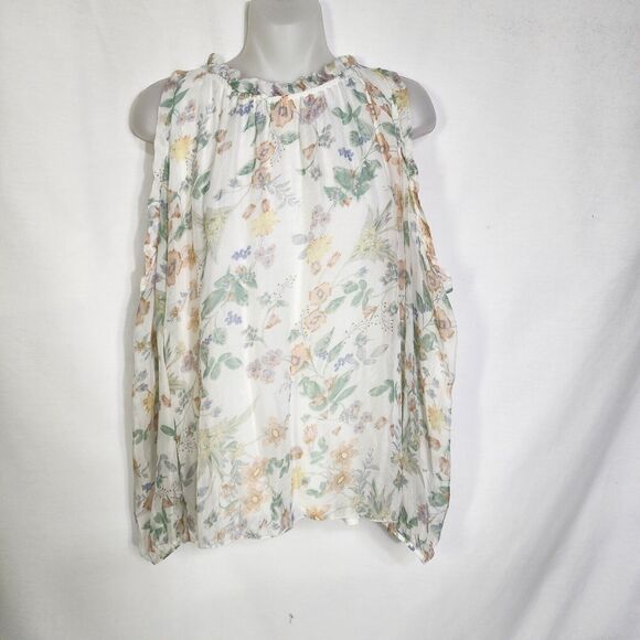 GIUSY Womens Blouse Small 100% Silk Floral Top Cold Shoulder Sheer Sleeve Italy - Picture 3 of 14